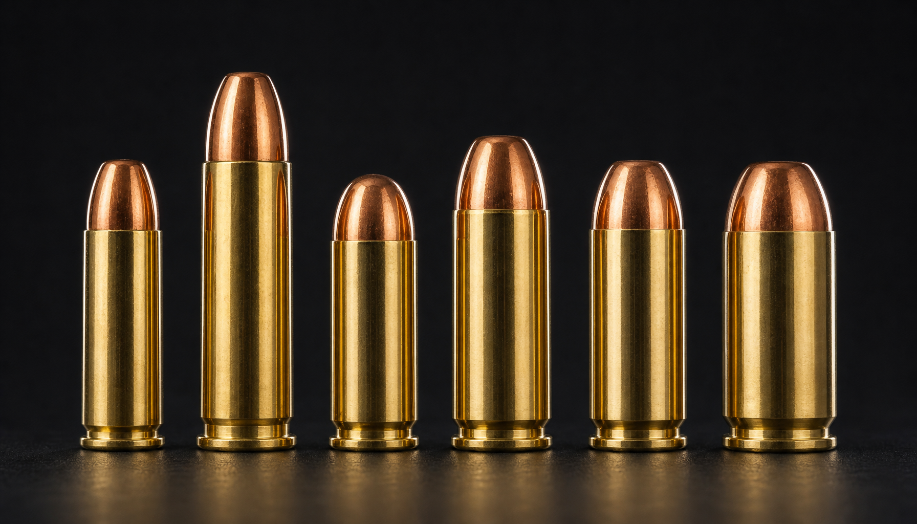 The lineup: .38 Special, .357, 9mm, 10mm, .40, and .45.