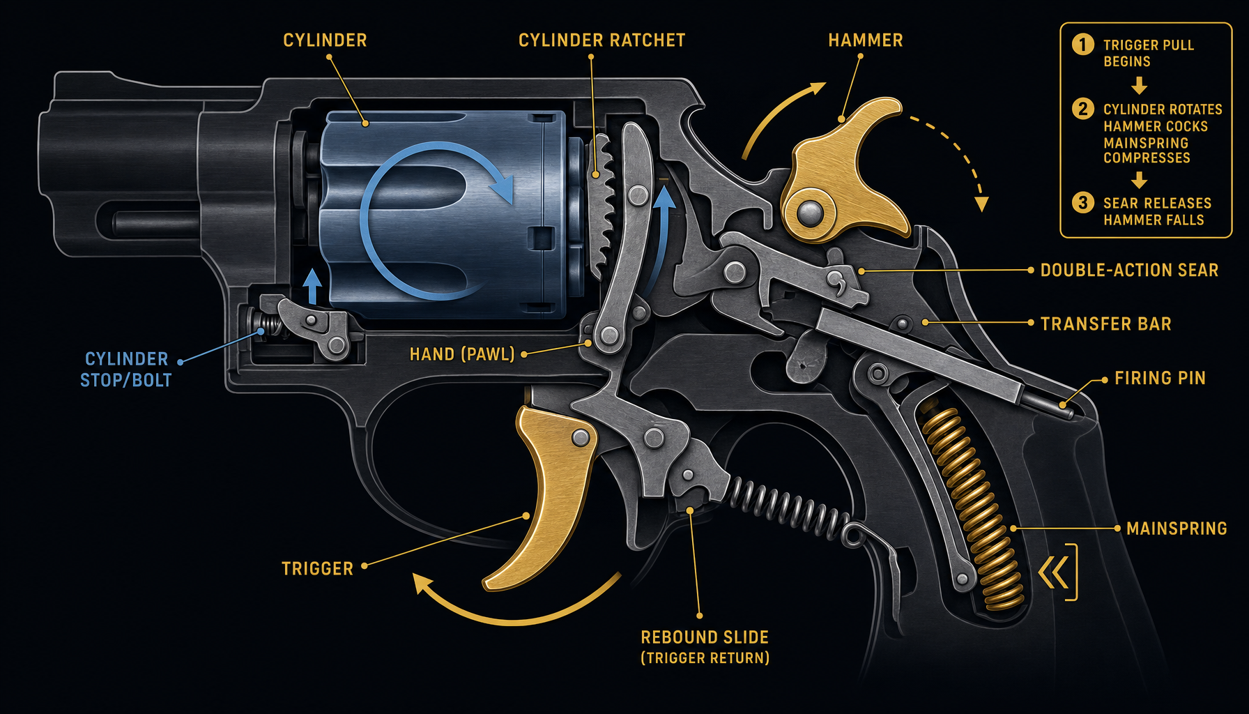 Double-action lockwork (from the 1850s): one long trigger pull rotates the cylinder, cocks the hammer, and releases it.