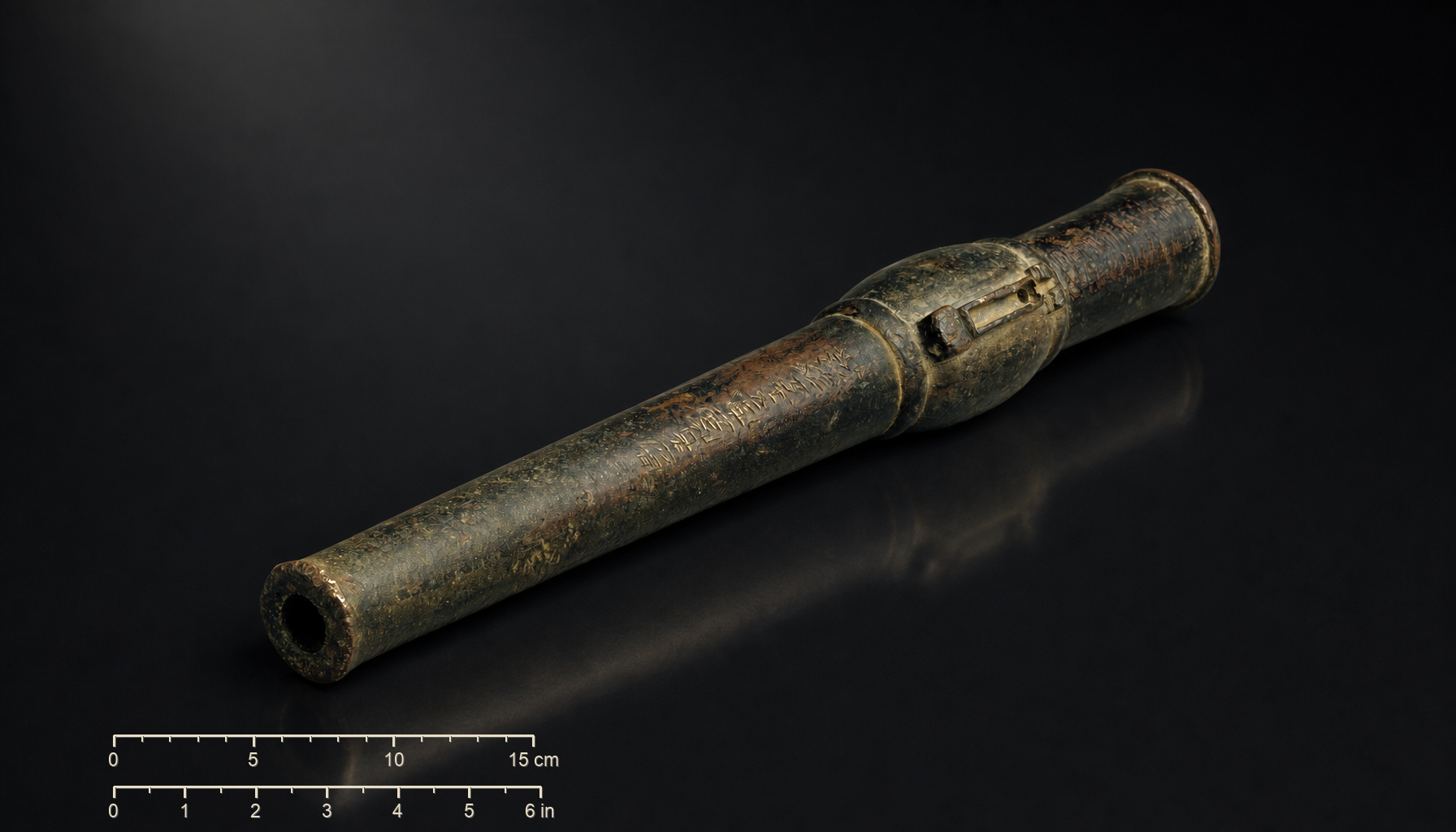 A Chinese bronze hand cannon dated 1424, about 35.7 cm (14 in) long; the oldest firearms of this type are Chinese, from around 1288.