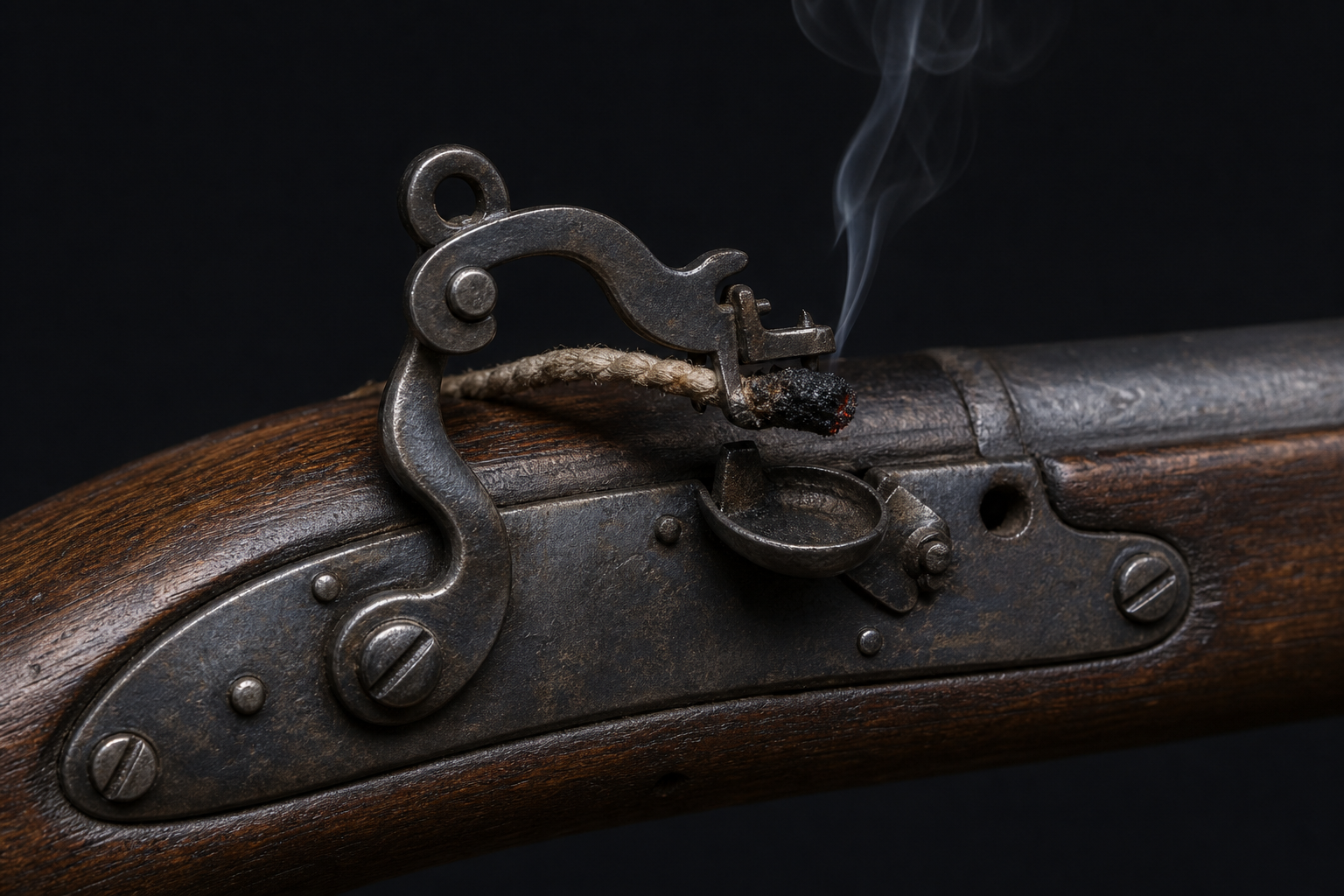 The matchlock, early 1400s: a smoldering cord dropped into the pan by the first true trigger.