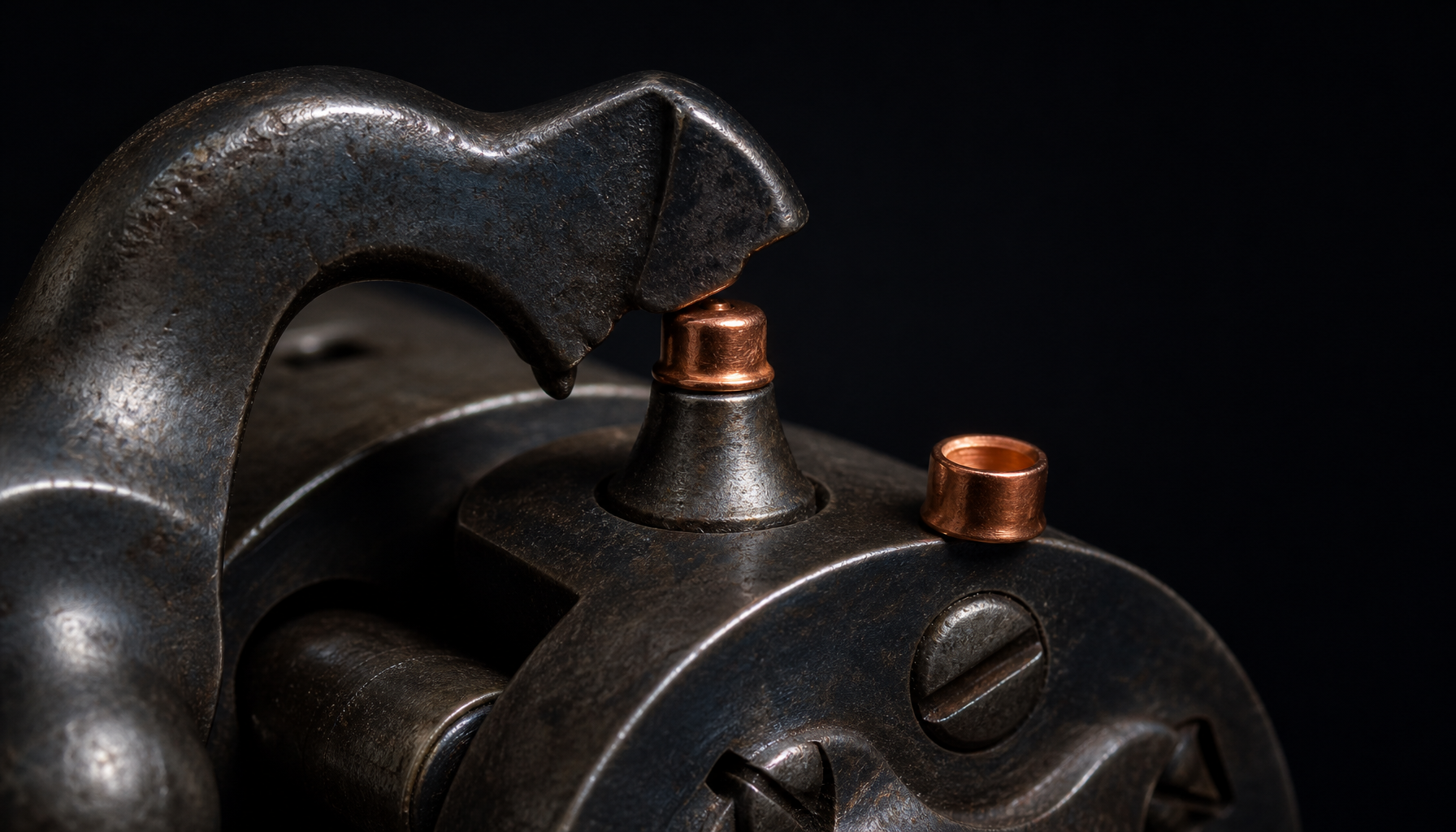 The percussion cap, c. 1820s: a copper cap on the nipple, crushed by the falling hammer to ignite the charge.