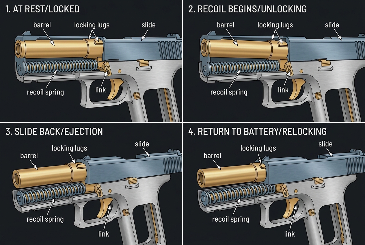 The semi-automatic cycle (Browning's short-recoil system, 1900s): locked at rest, the barrel unlocking as the slide recoils, the case ejecting, and the action returning to battery.