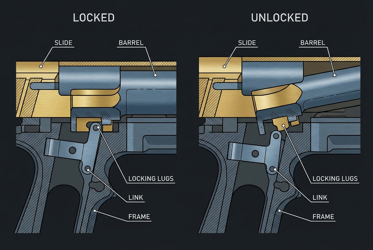 Browning's short-recoil lock (patented 1897): barrel and slide held together by locking lugs, then the barrel tilting down on its link to unlock.