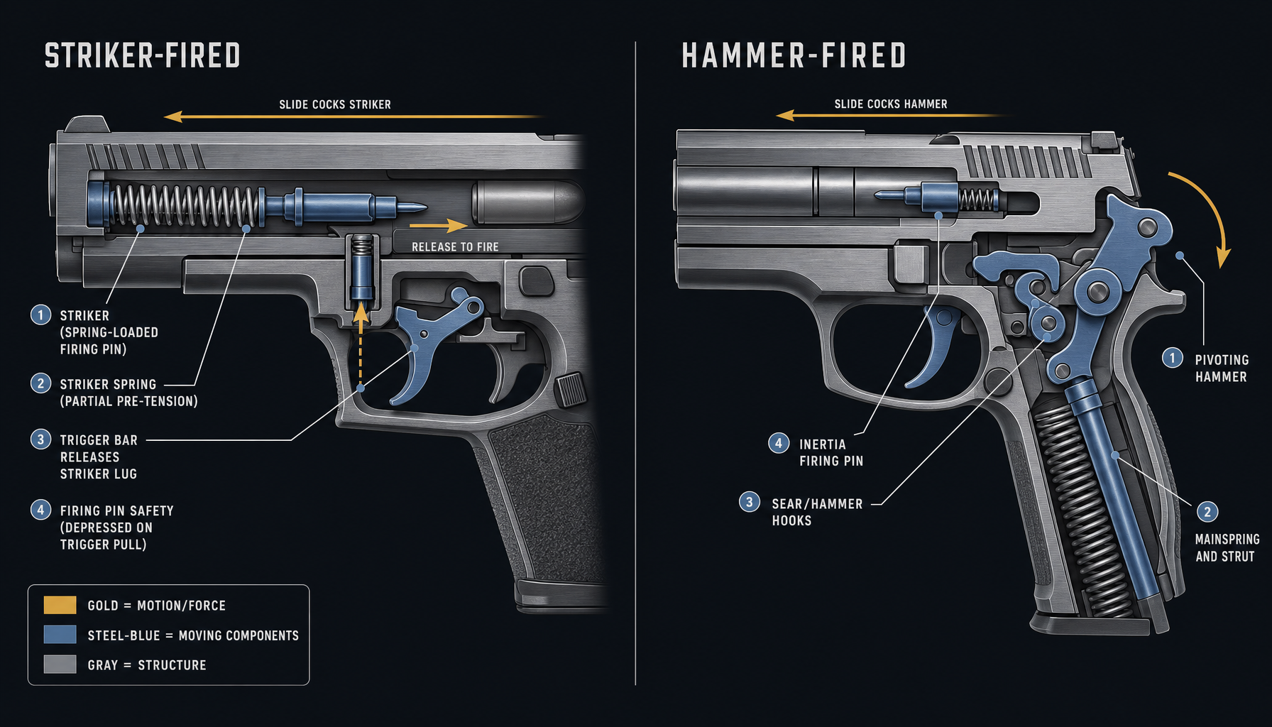 Striker-fired (mainstream since 1982) versus hammer-fired: a spring-loaded firing pin held under partial tension, released by the trigger bar.