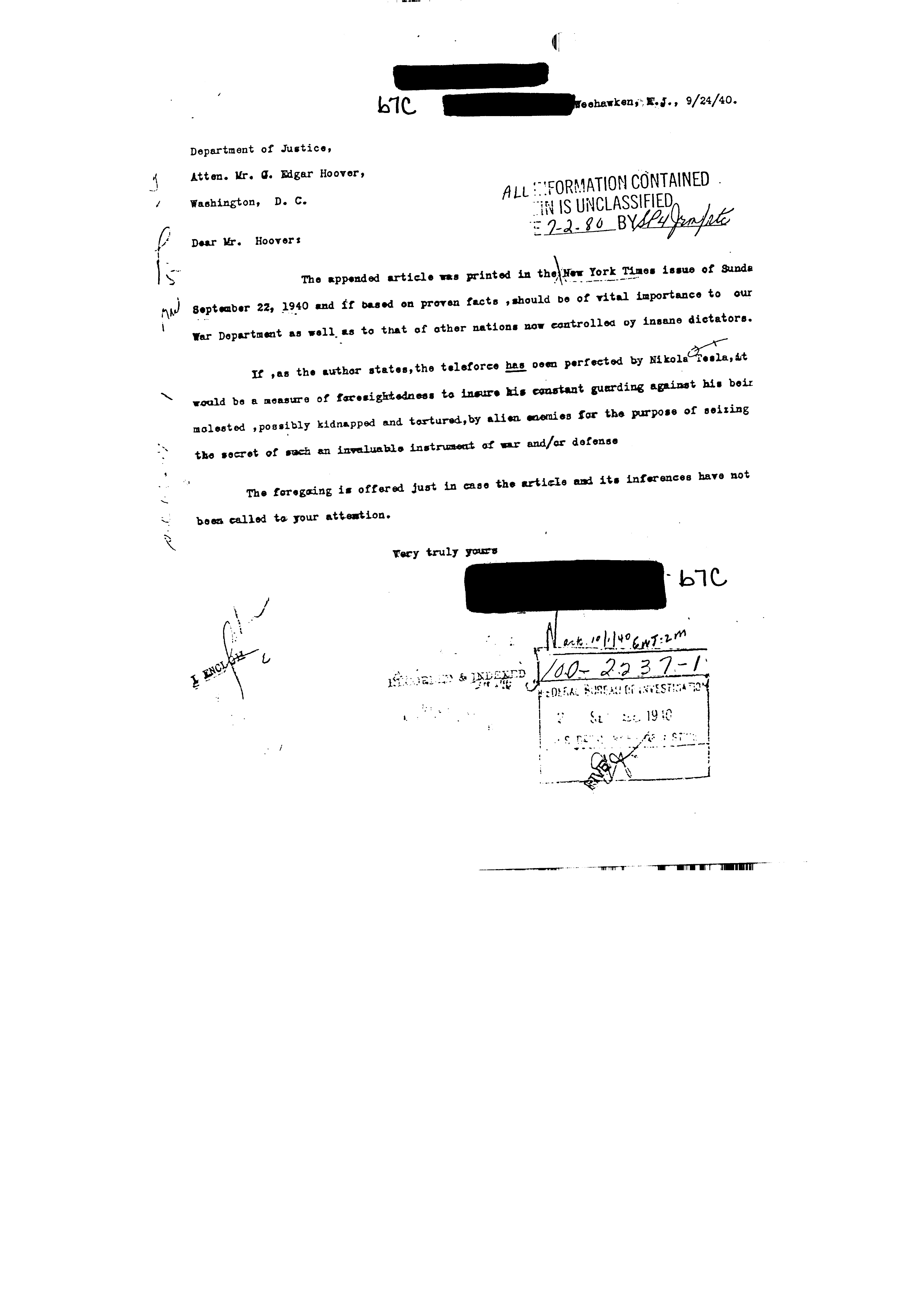 FBI File 100-2237 p.3 — 1940 warning letter to Hoover